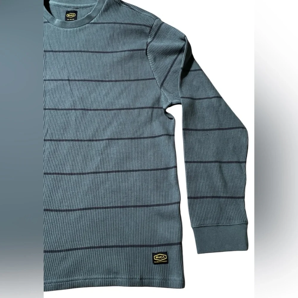 RVCA Day Shift Thermal Stripe Long Sleeve Shirt Men’s XXL Green Blue Waffle Knit